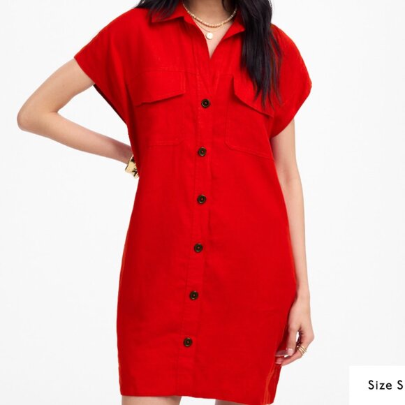 Utility Short-Sleeve Mini Shirtdress in 100% Linen - Picture 1 of 3